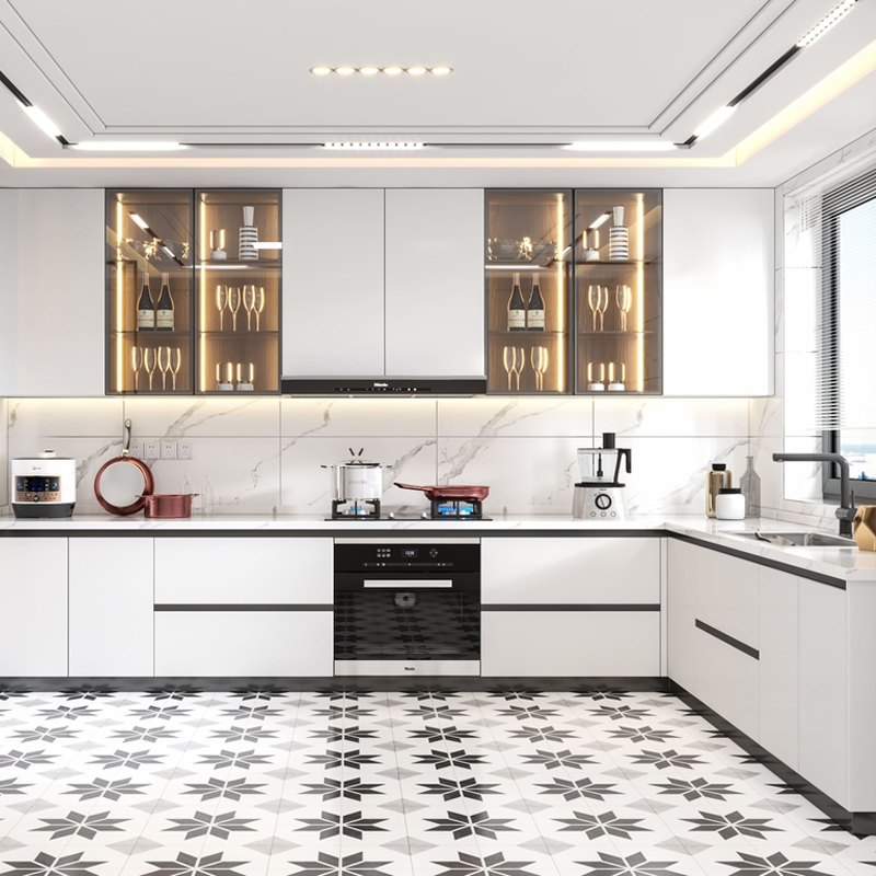 Tủ bếp gỗ MDF chống ẩm kết hợp cánh kính